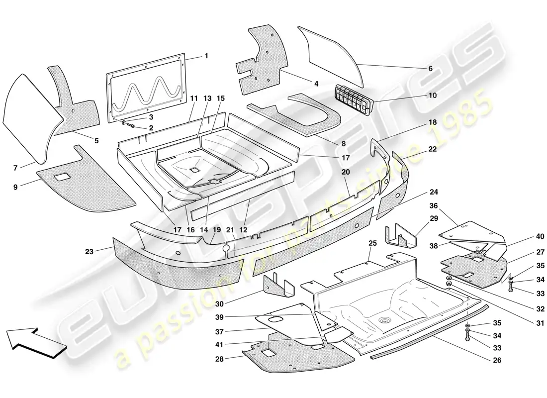 ferrari 599 sa aperta (usa) aislamiento del maletero diagrama de piezas