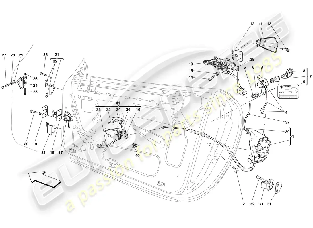 ferrari 612 sessanta (rhd) puertas - mecanismo de apertura y bisagras diagrama de piezas