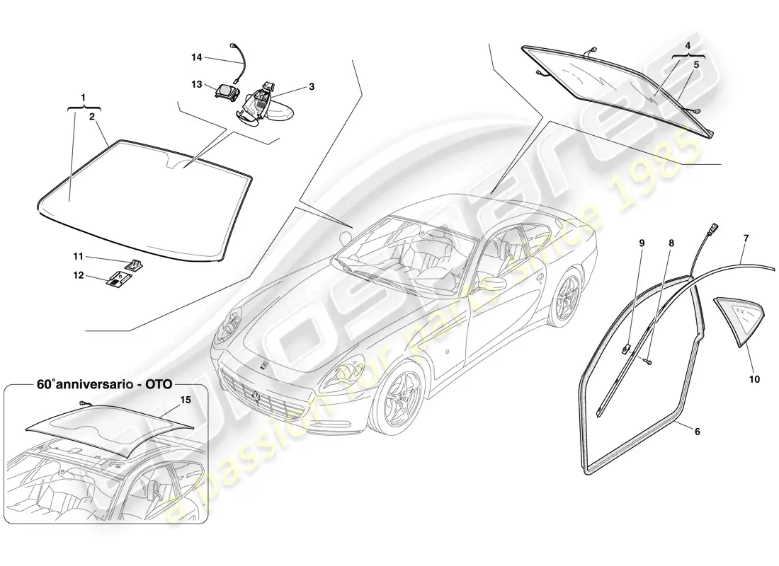 ferrari 612 sessanta (rhd) pantallas, ventanas y juntas diagrama de piezas
