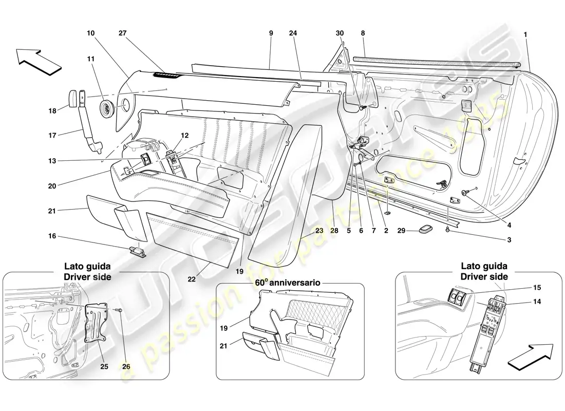 ferrari 612 sessanta (rhd) puertas - subestructura y acabados diagrama de piezas