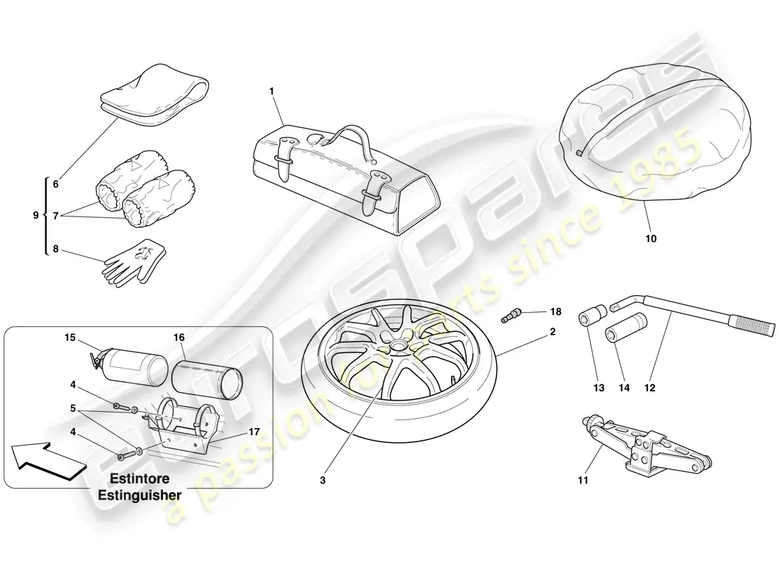 ferrari 599 gtb fiorano (rhd) rueda de repuesto y accesorios diagrama de piezas