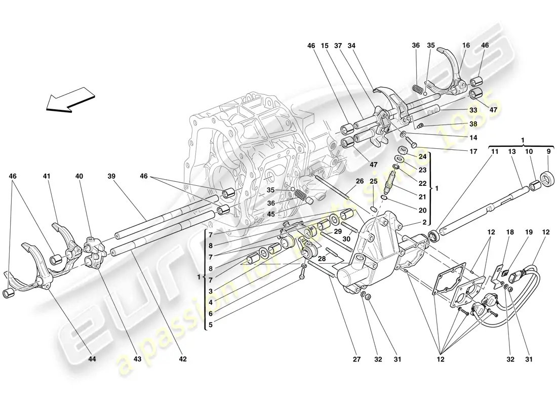 ferrari 599 gtb fiorano (europe) controles internos de la caja de cambios diagrama de piezas