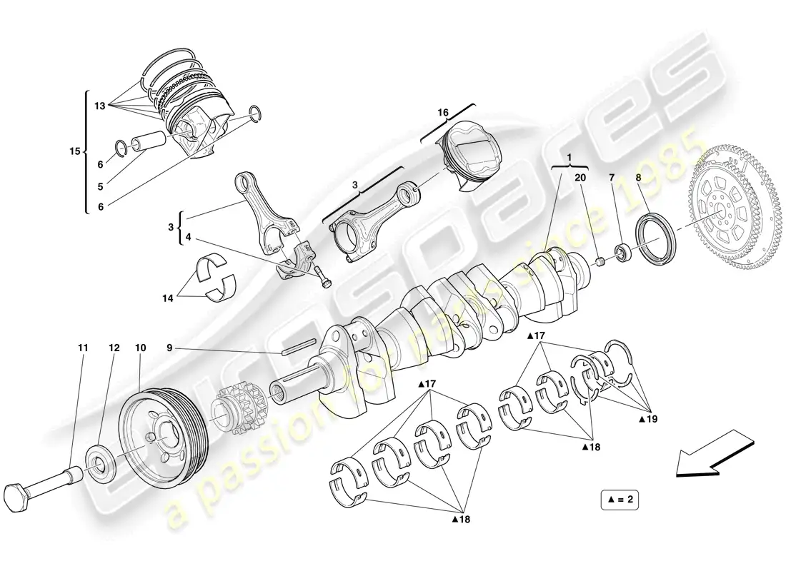 ferrari 599 sa aperta (rhd) cigüeñal - bielas y pistones diagrama de piezas