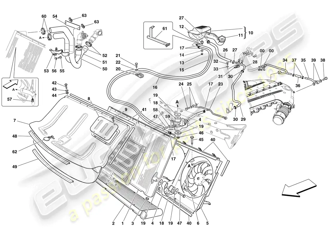 ferrari 599 sa aperta (rhd) sistema de enfriamiento - radiador y tanque colector diagrama de piezas