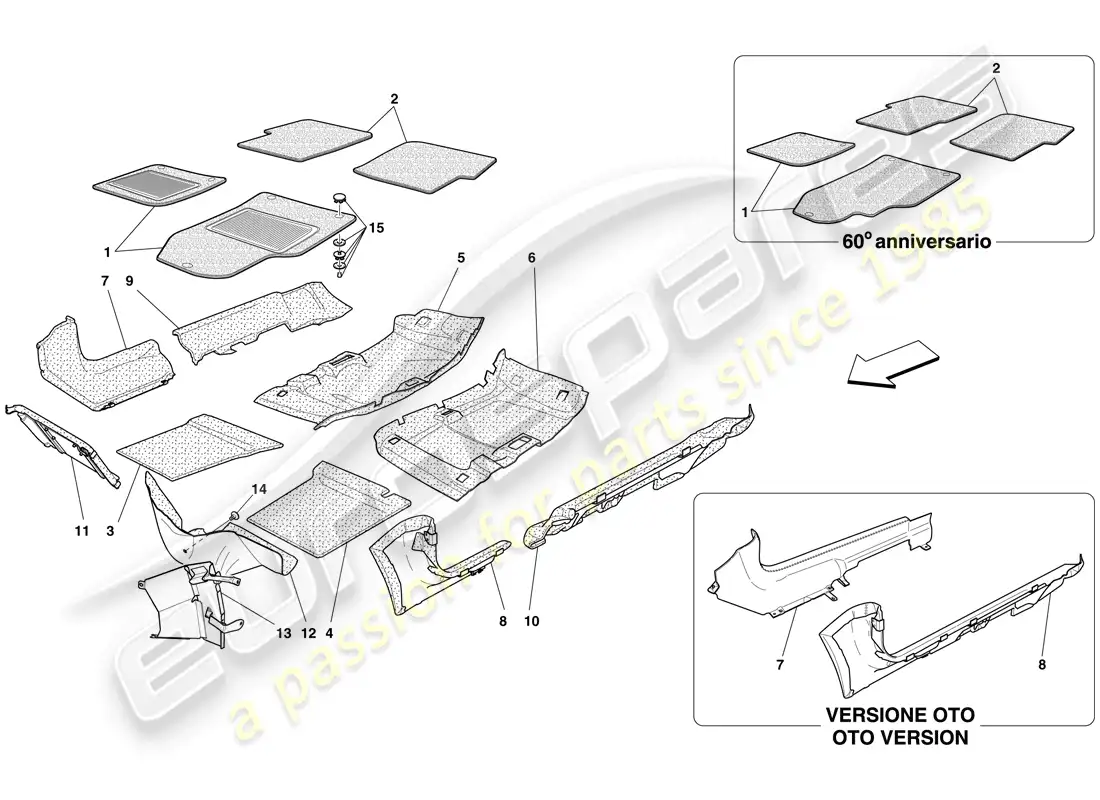 ferrari 612 sessanta (europe) molduras y alfombrillas del habitáculo diagrama de piezas