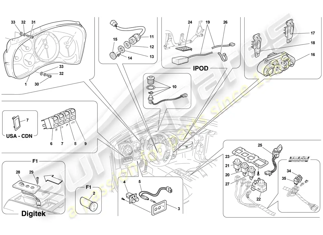 ferrari f430 scuderia (rhd) instrumentos del salpicadero y del túnel diagrama de piezas