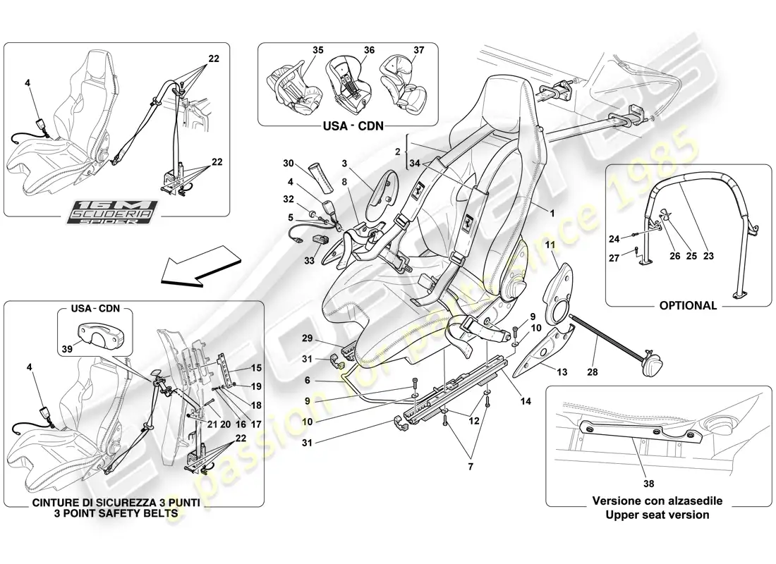 ferrari f430 scuderia (rhd) arneses de asiento de puntos racing seat-4-barra antivuelco diagrama de piezas
