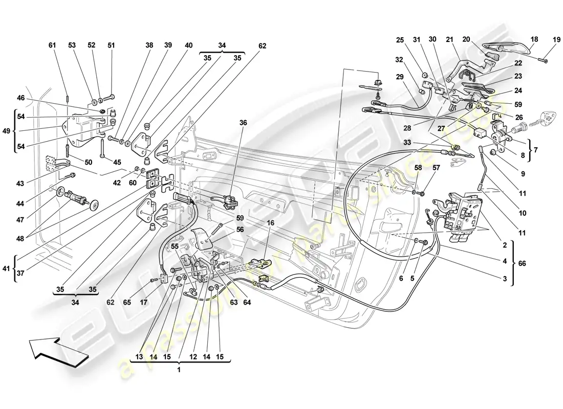 ferrari f430 scuderia (europe) puertas - mecanismo de apertura y bisagras diagrama de piezas