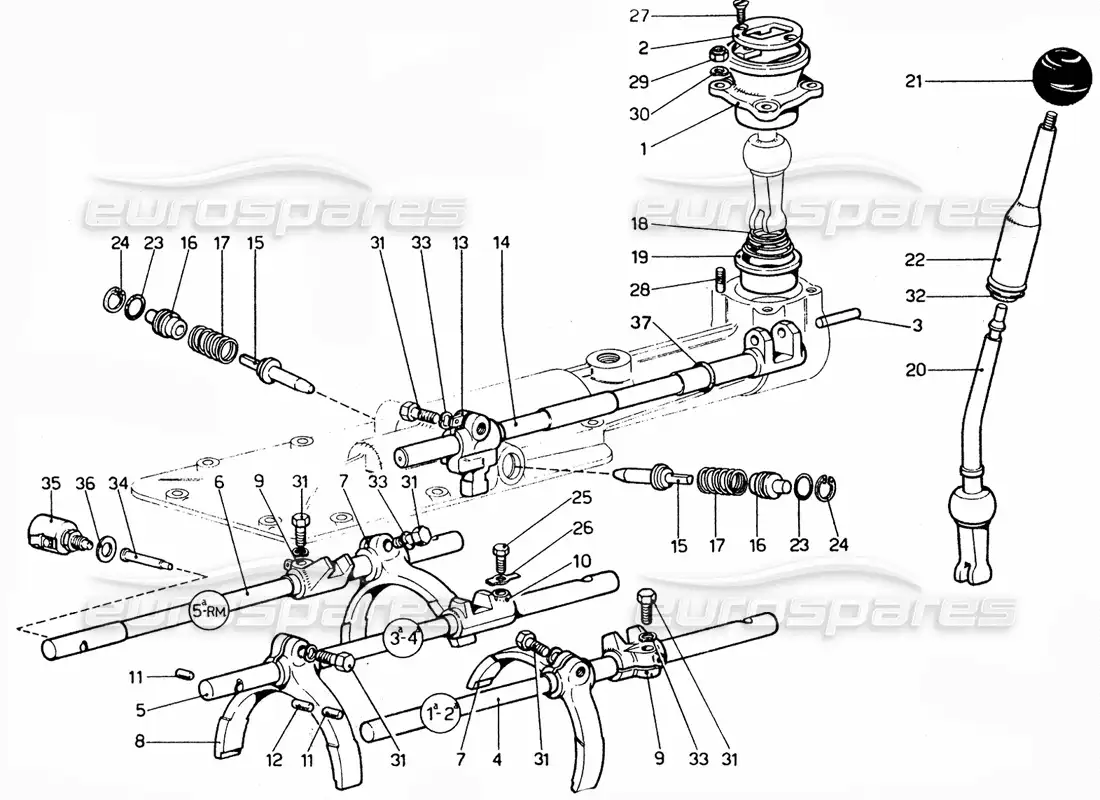 ferrari 365 gtc4 (mechanical) selector de marchas y horquillas - diagrama de piezas de revisión
