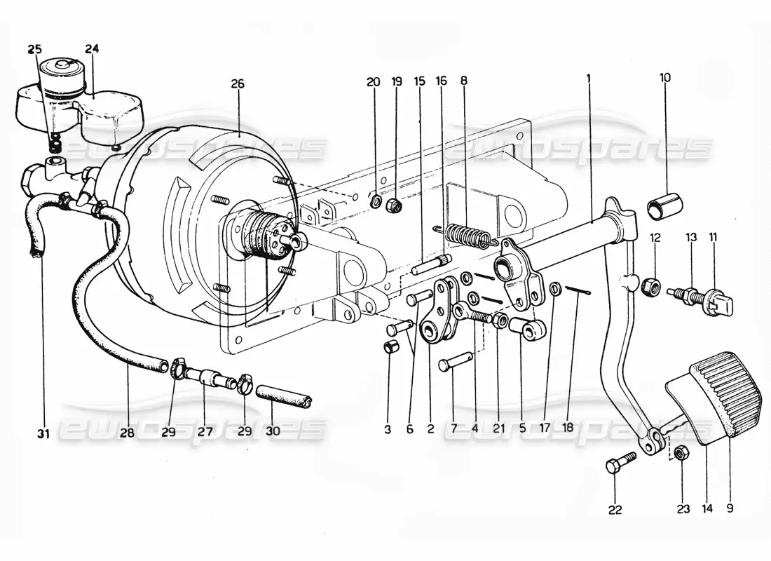 ferrari 365 gtc4 (mechanical) pedal de freno y freno maestro - diagrama de piezas de revisión