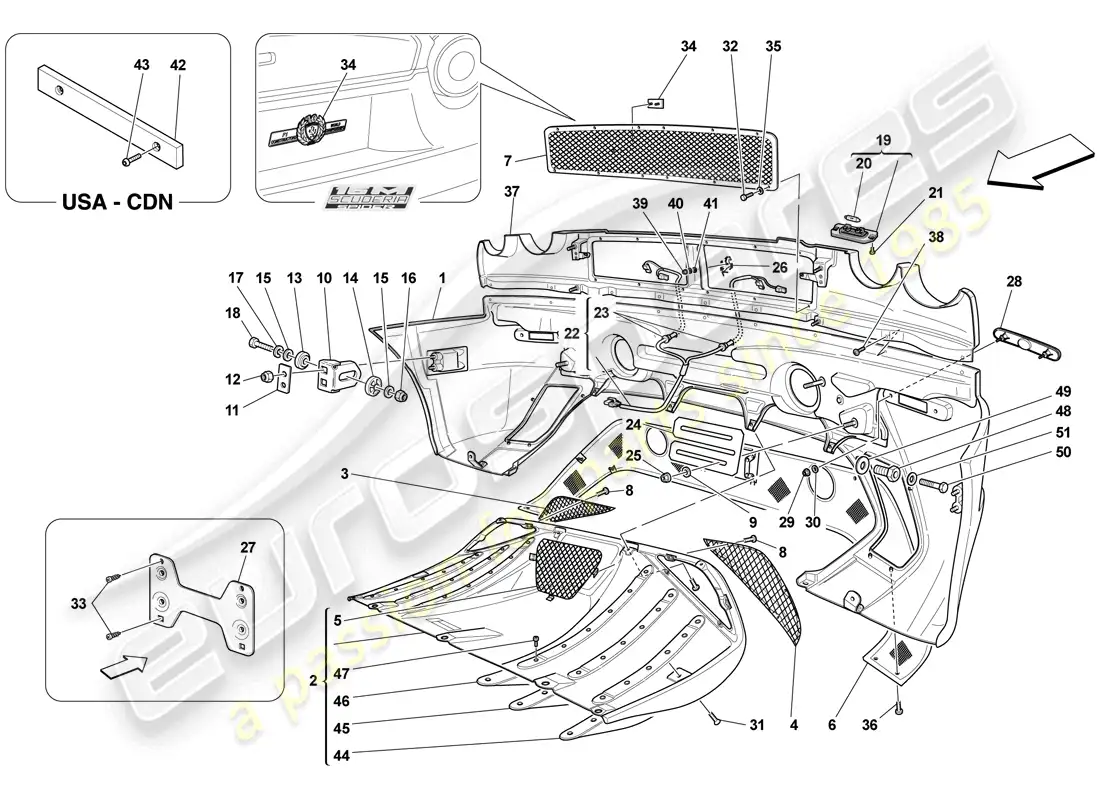 ferrari f430 scuderia (rhd) parachoques trasero diagrama de piezas