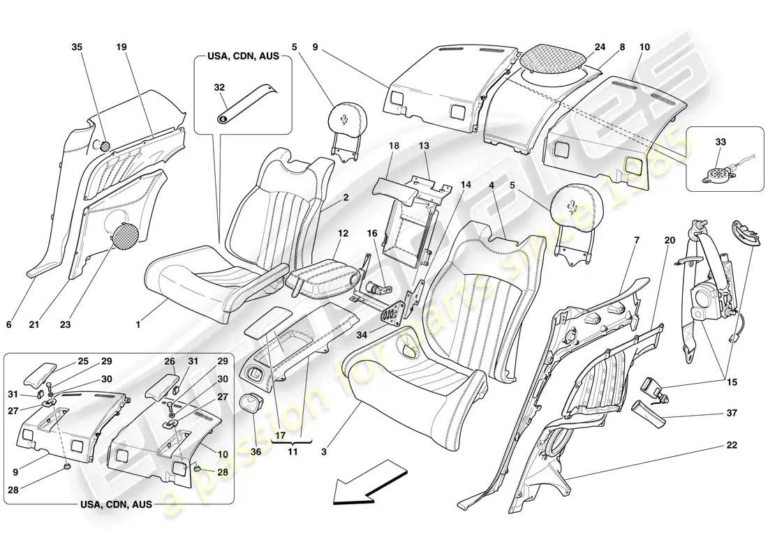 ferrari 612 sessanta (rhd) asiento trasero - cinturones de seguridad diagrama de piezas
