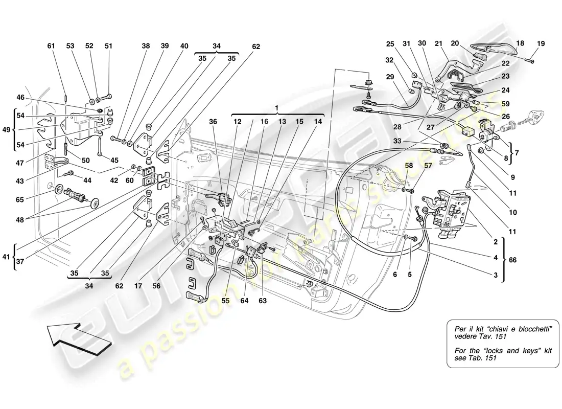 ferrari f430 spider (europe) puertas - mecanismo de apertura y bisagras diagrama de piezas