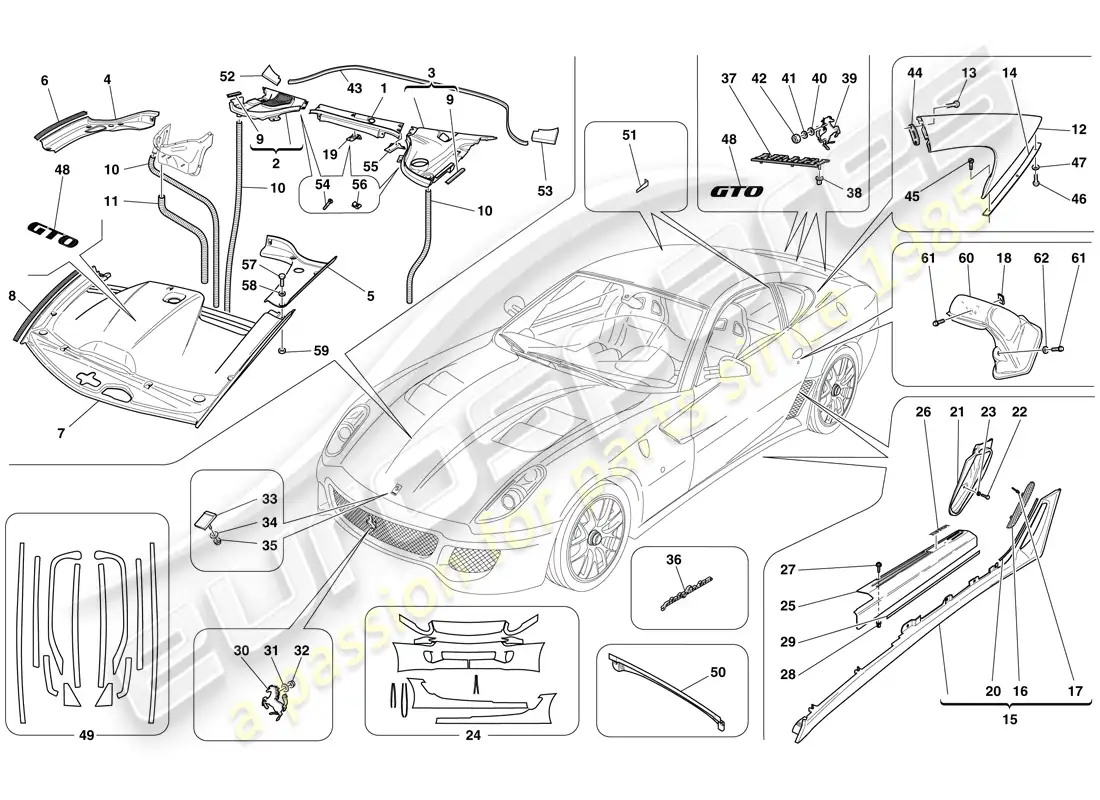 ferrari 599 gto (rhd) acabado exterior diagrama de piezas