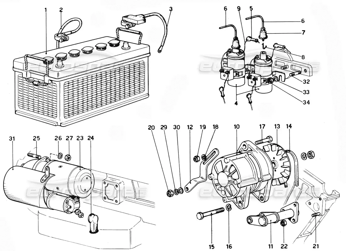 ferrari 365 gtc4 (mechanical) alternador y motor de arranque - revisión diagrama de piezas