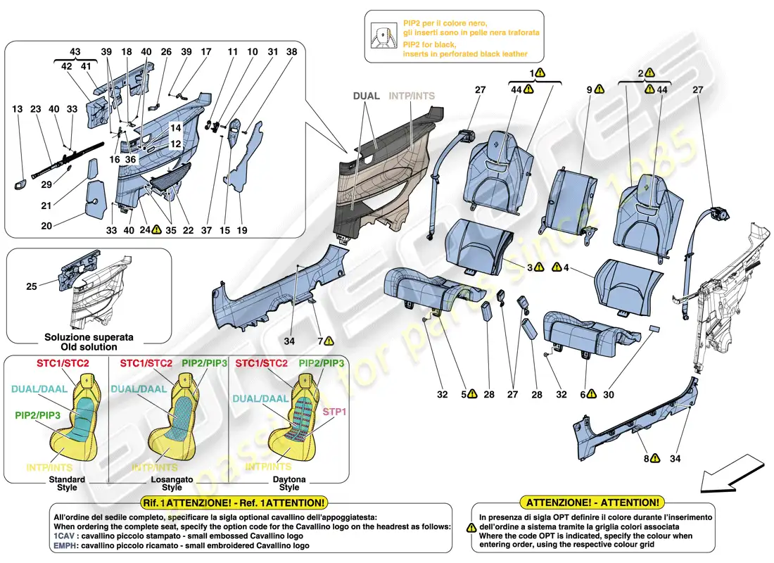 ferrari gtc4 lusso t (rhd) asiento trasero - cinturones de seguridad - acabado interior diagrama de piezas