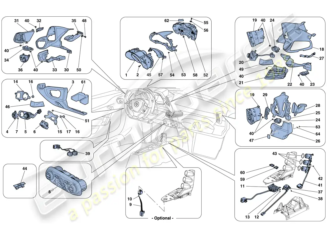 ferrari 458 speciale (rhd) instrumentos del salpicadero y del túnel diagrama de piezas
