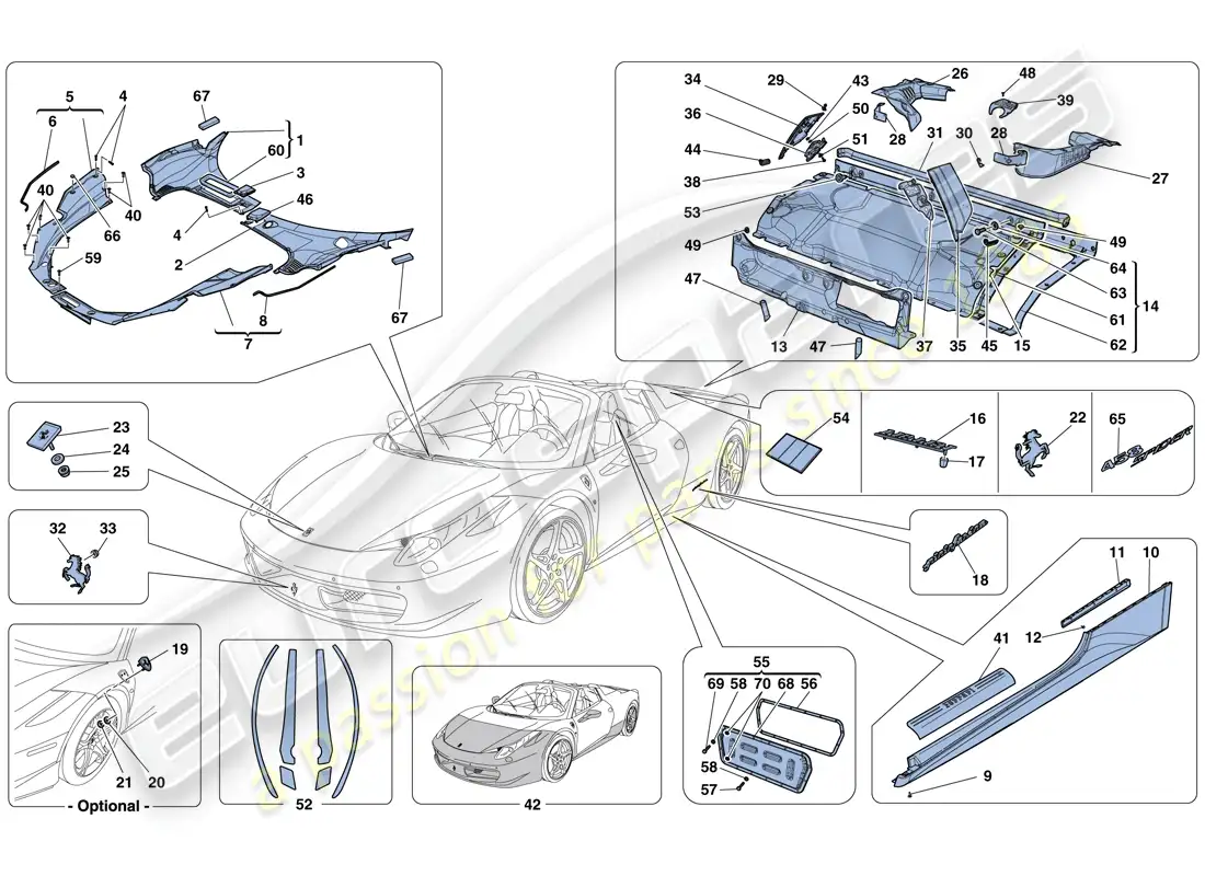 ferrari 458 spider (rhd) escudos - acabado externo diagrama de piezas