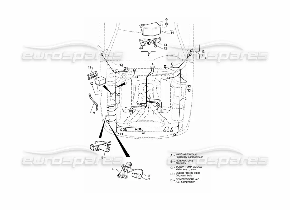 maserati qtp v6 (1996) sistema eléctrico: compartimiento del motor (lhd) diagrama de piezas