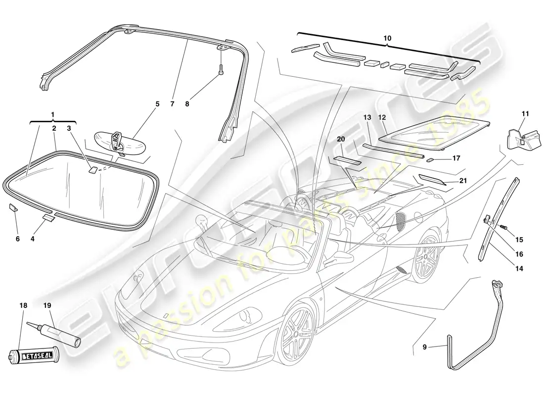 ferrari f430 spider (europe) pantallas, ventanas y juntas diagrama de piezas