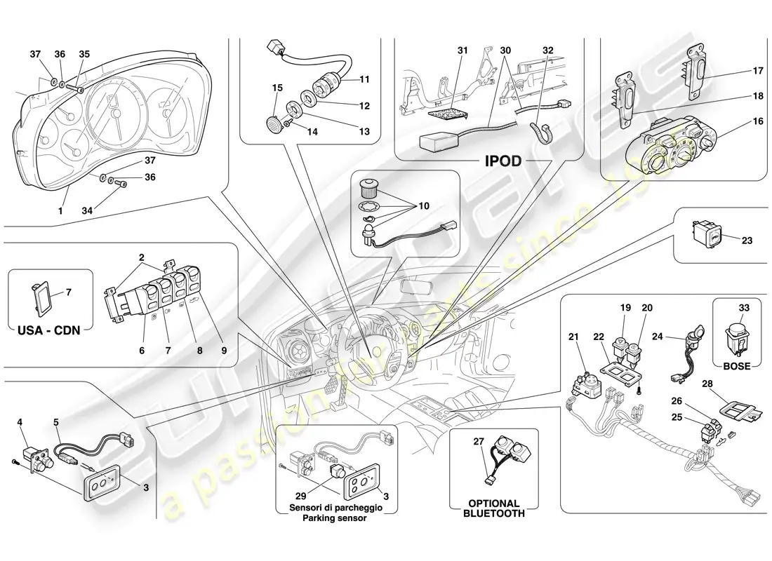 ferrari f430 spider (europe) instrumentos del salpicadero y del túnel diagrama de piezas