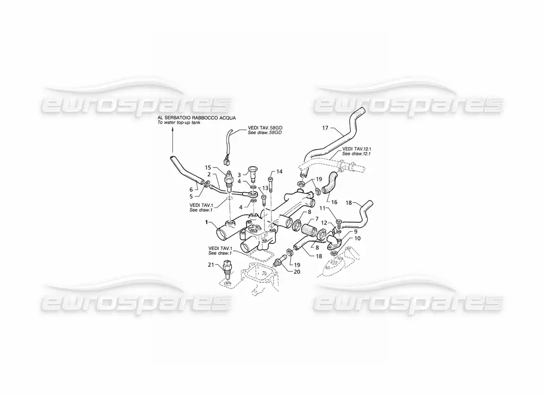 maserati qtp v8 (1998) termostato y tubos de refrigeración del motor (rhd) diagrama de piezas