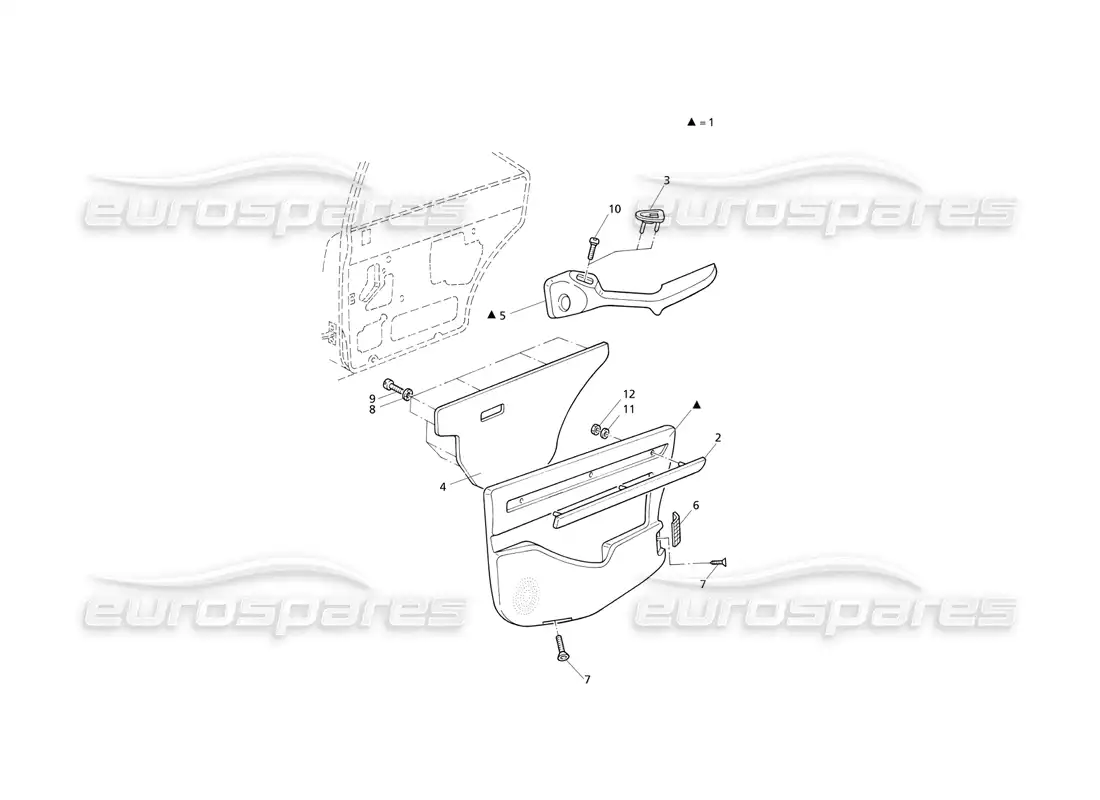 maserati qtp v8 evoluzione adornos interiores: diagrama de piezas de los paneles de las puertas traseras
