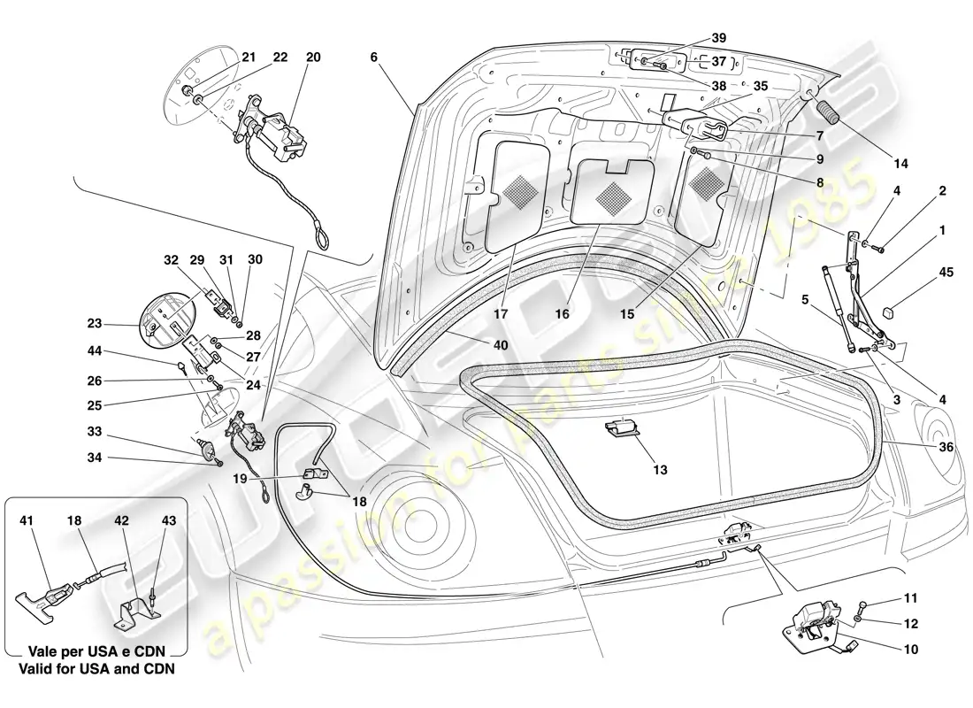 ferrari 599 gtb fiorano (rhd) tapa del maletero y tapa del llenado de combustible diagrama de piezas