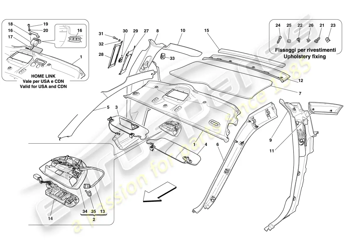 ferrari 599 gtb fiorano (rhd) molduras del techo y accesorios diagrama de piezas