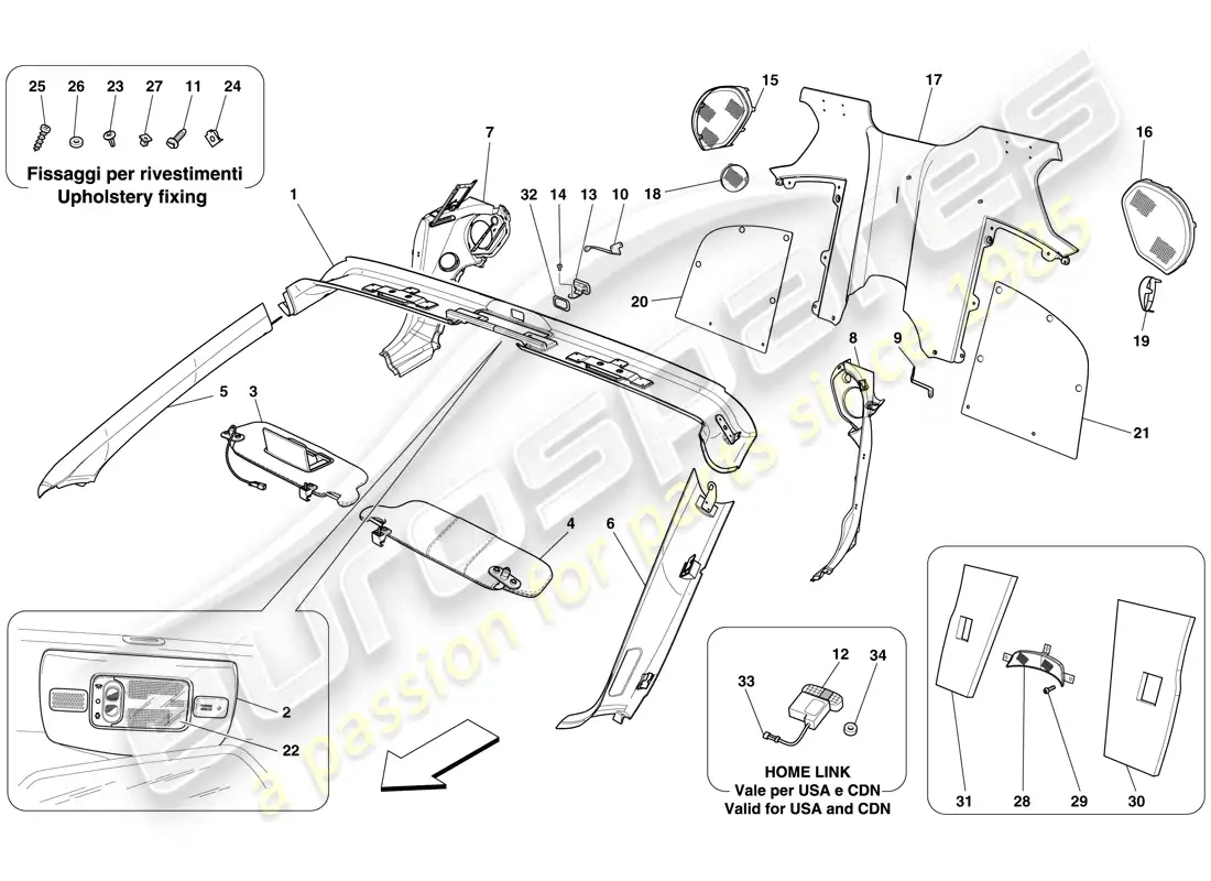 ferrari 599 sa aperta (rhd) borde del parabrisas y moldura del habitáculo trasero diagrama de piezas