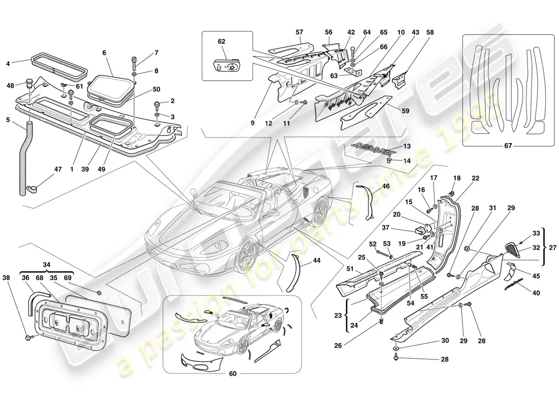 ferrari f430 spider (europe) escudos - acabado externo diagrama de piezas