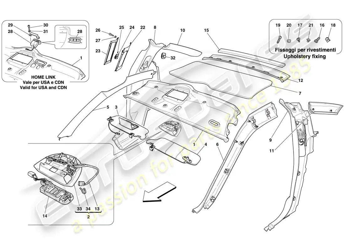 ferrari 599 gto (rhd) molduras del techo y accesorios diagrama de piezas