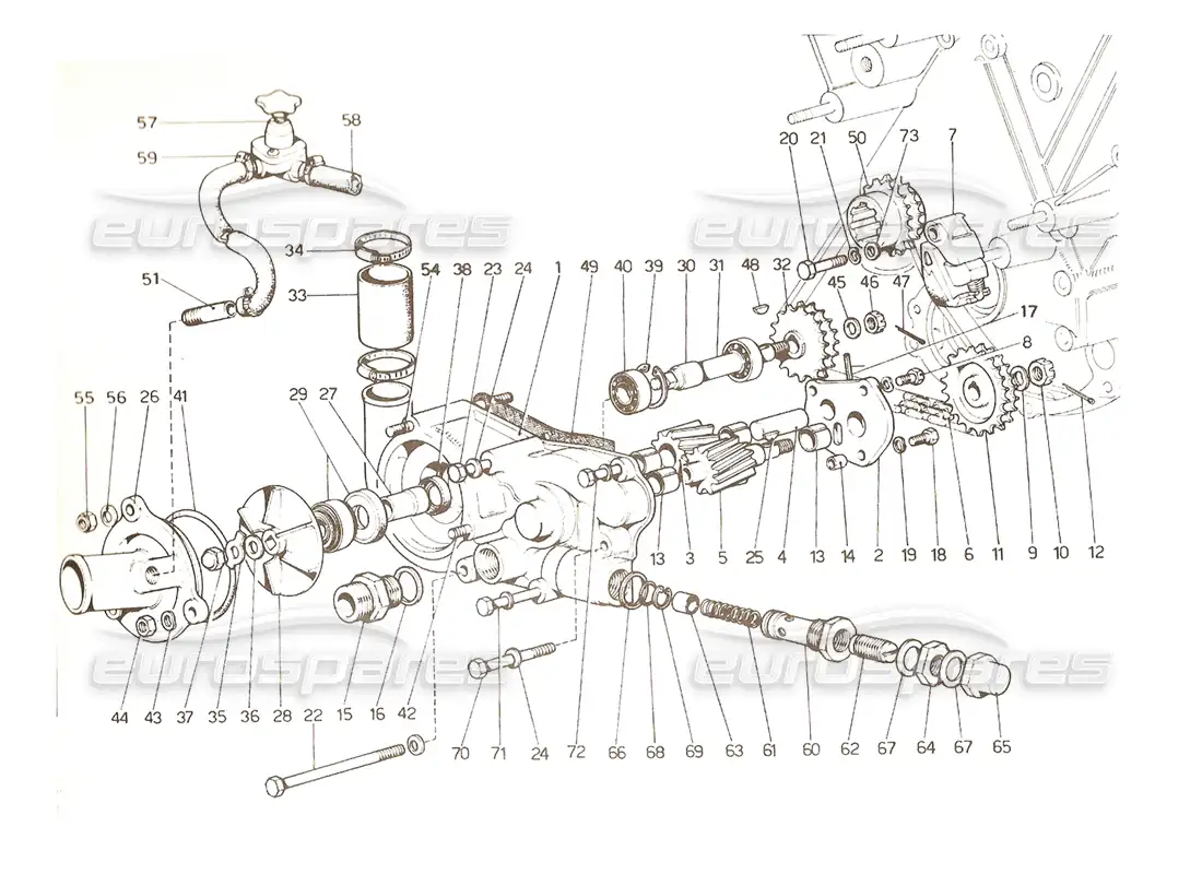 ferrari 365 gtc4 (mechanical) bomba de agua y aceite - diagrama de piezas de revisión