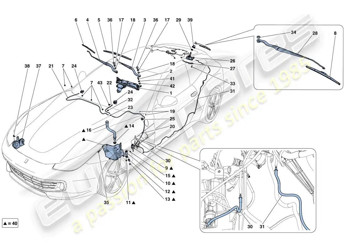 ferrari gtc4 lusso t (rhd) limpiaparabrisas, arandela y bocina diagrama de piezas