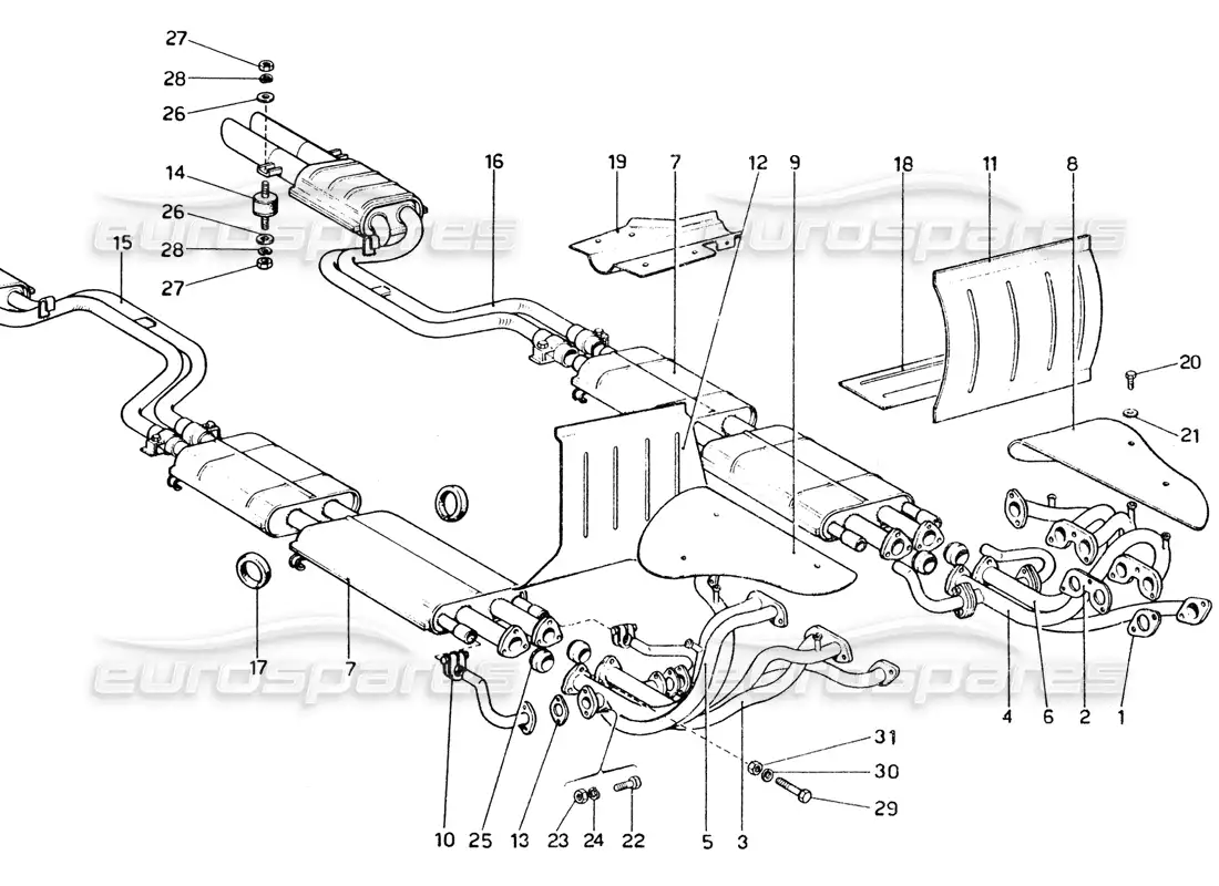 ferrari 365 gtc4 (mechanical) sistema de escape - revisión diagrama de piezas