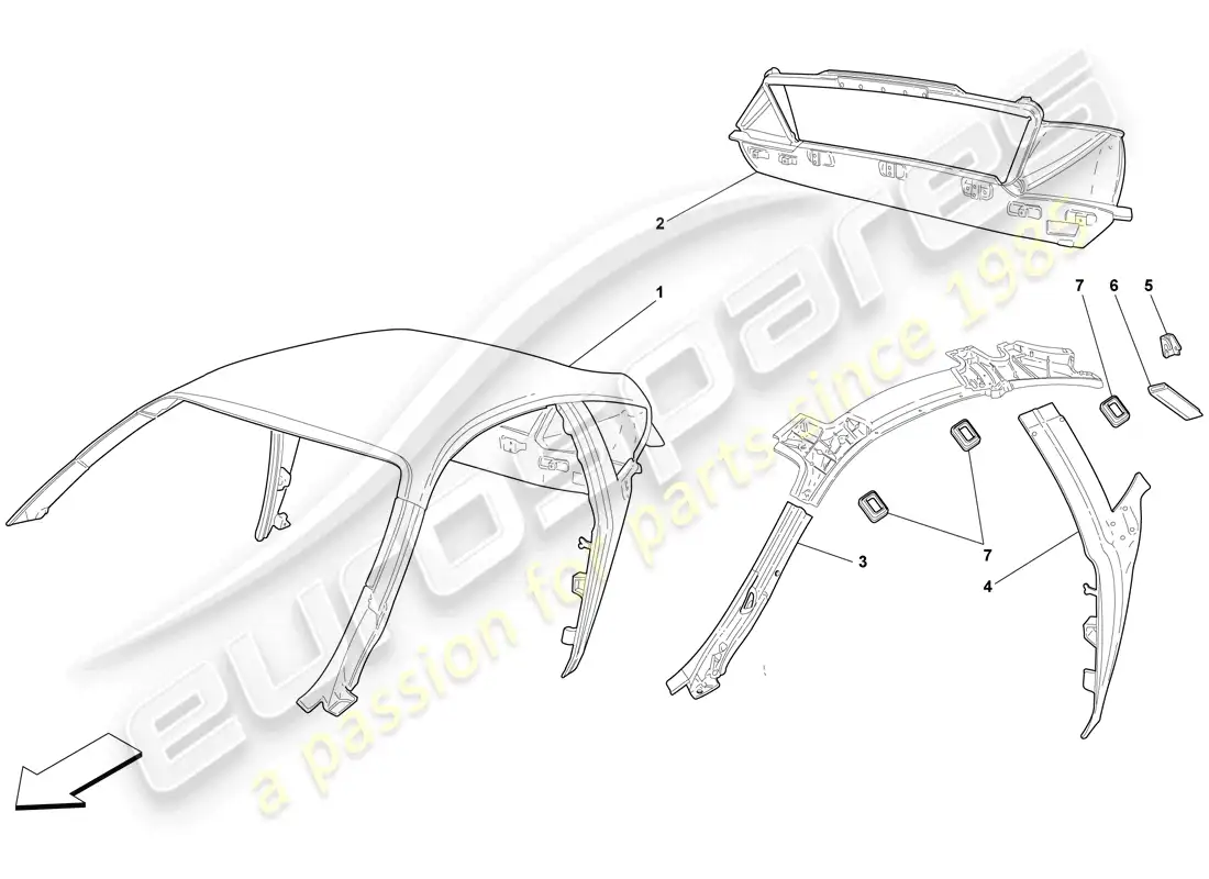 ferrari f430 scuderia (rhd) estructura del tejado diagrama de piezas