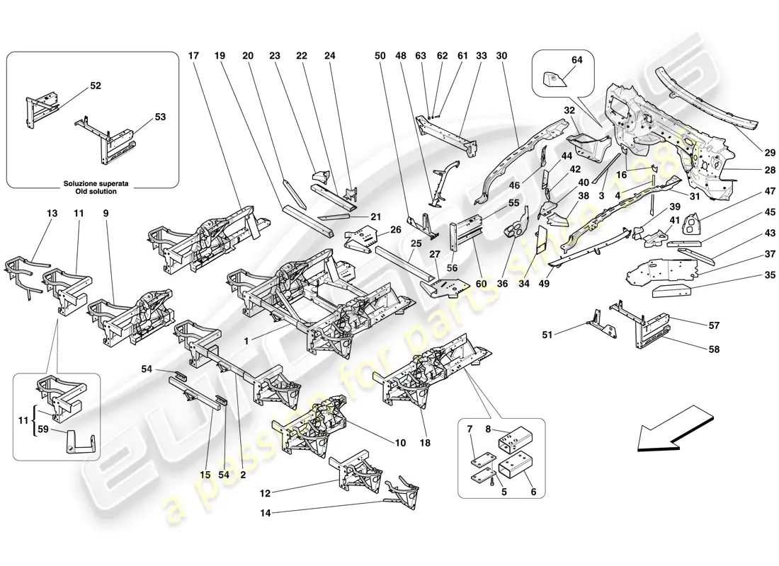 ferrari 599 gto (europe) estructuras y elementos delantero del vehículo diagrama de piezas