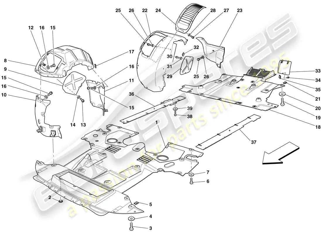 ferrari 599 gtb fiorano (usa) plato inferior plano y ruedas diagrama de piezas