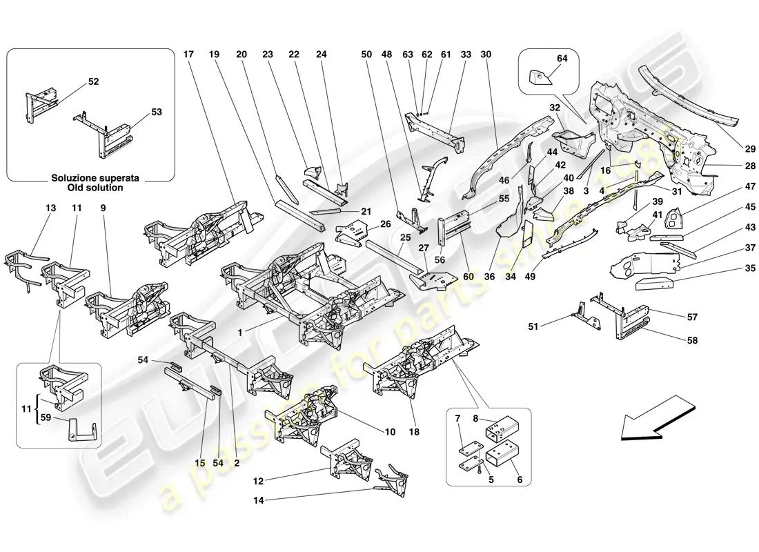 ferrari 599 gtb fiorano (rhd) estructuras y elementos delantero del vehículo diagrama de piezas