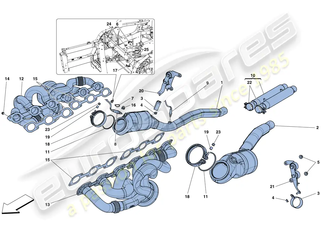 ferrari 812 superfast (rhd) convertidores precatalíticos y convertidores catalíticos. diagrama de piezas