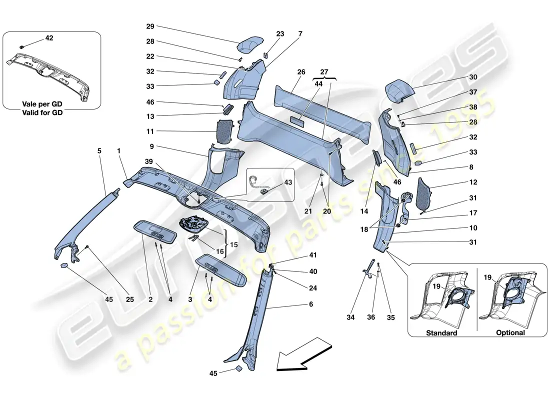 ferrari 458 spider (usa) molduras del techo y accesorios diagrama de piezas