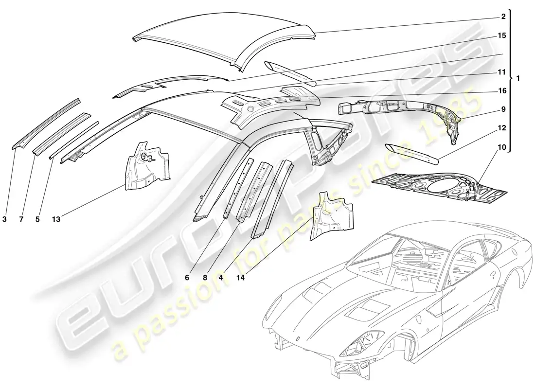 ferrari 599 gto (europe) carroceria - techo diagrama de piezas