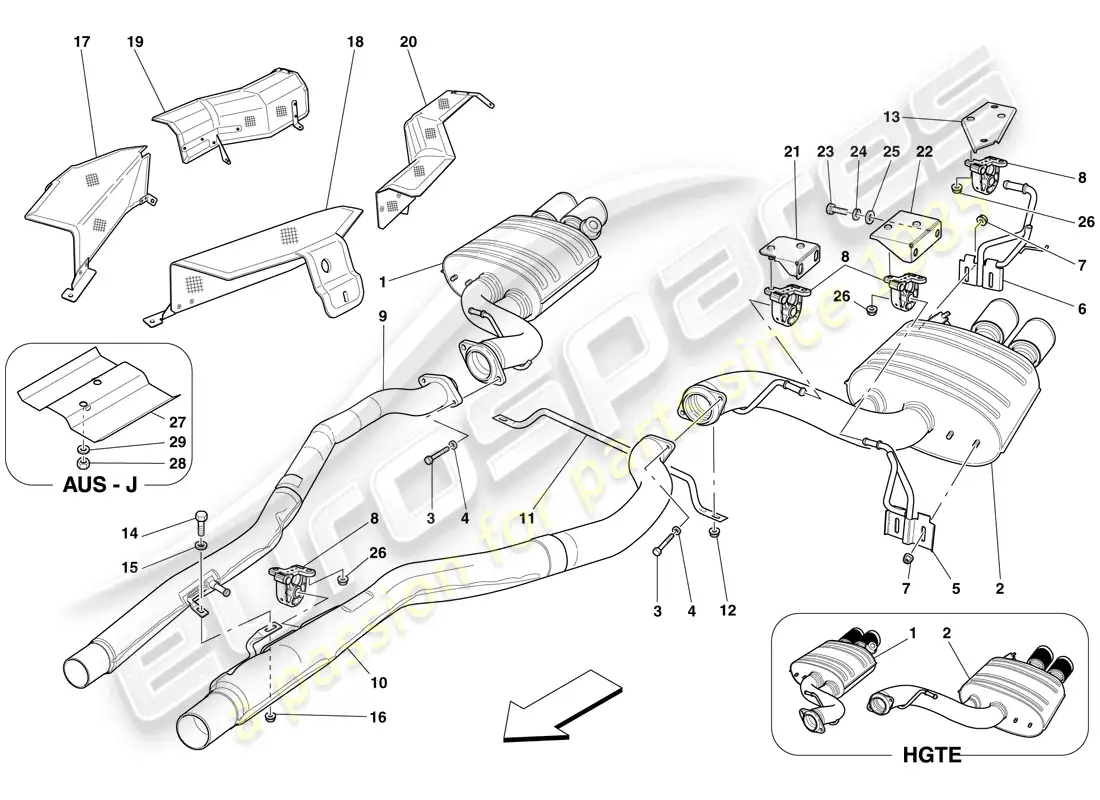 ferrari 599 gtb fiorano (europe) sistema de escape trasero diagrama de piezas