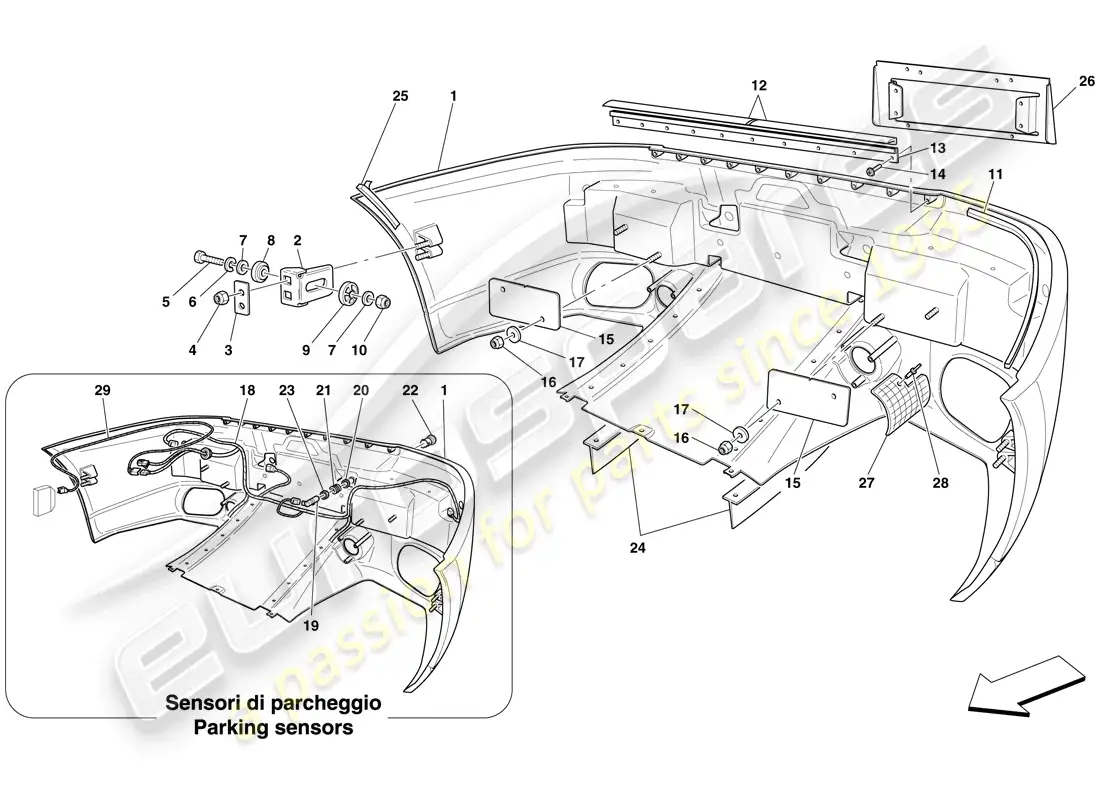 ferrari 599 gtb fiorano (rhd) parachoques trasero diagrama de piezas