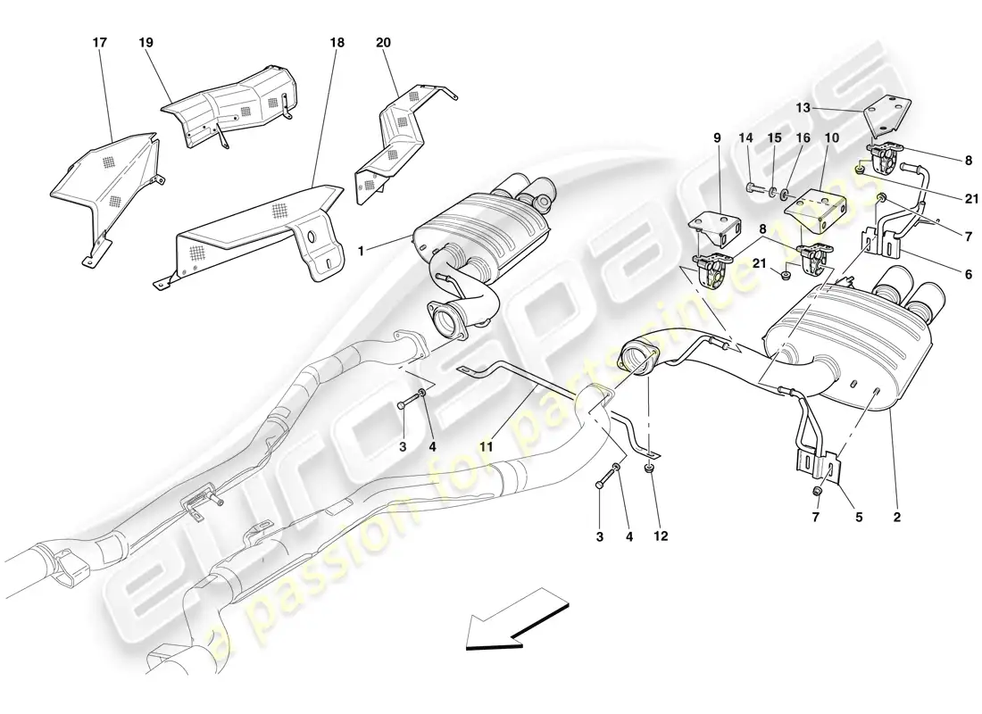 ferrari 599 sa aperta (rhd) sistema de escape trasero diagrama de piezas