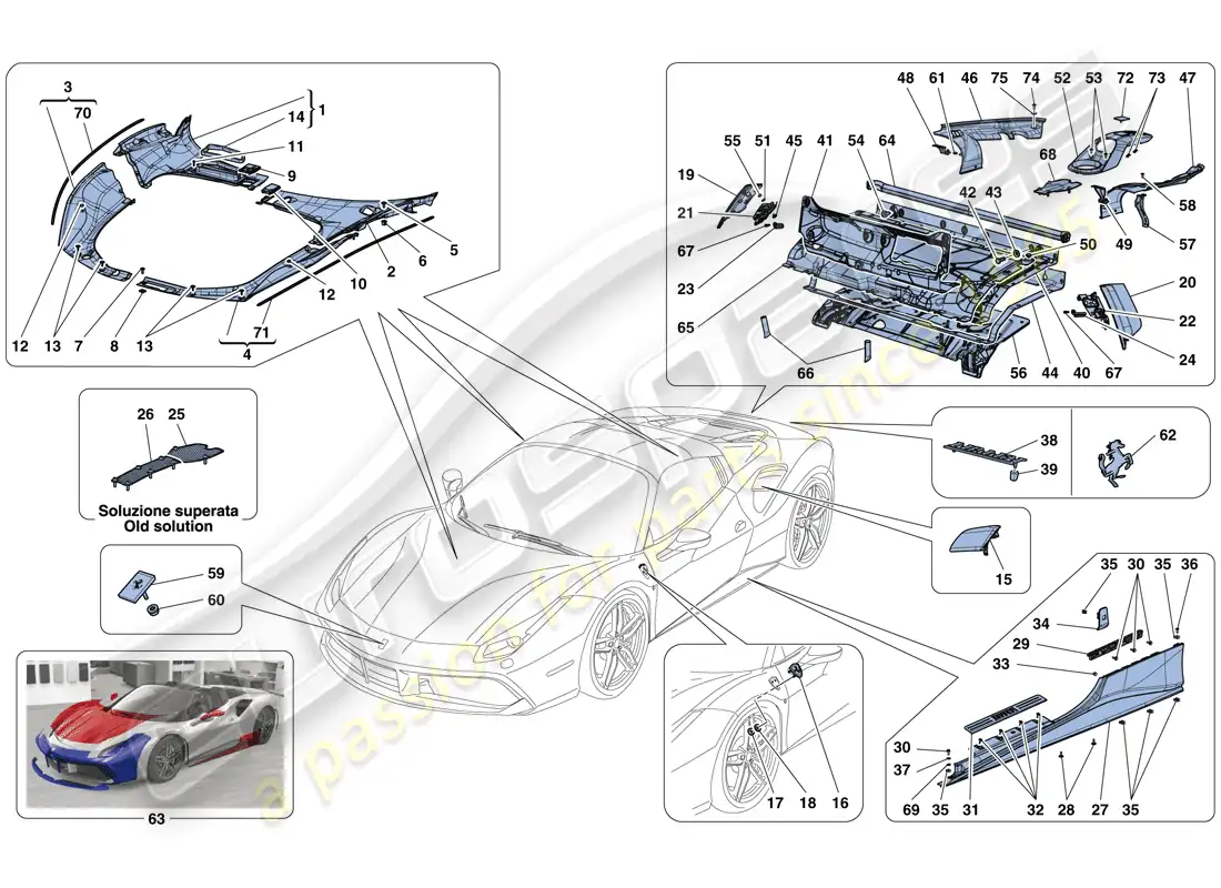 ferrari 488 spider (usa) escudos - acabado externo diagrama de piezas