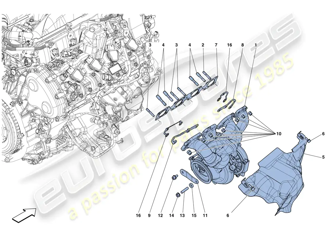 ferrari gtc4 lusso t (rhd) colectores, sistema de turboalimentación y tuberías diagrama de piezas