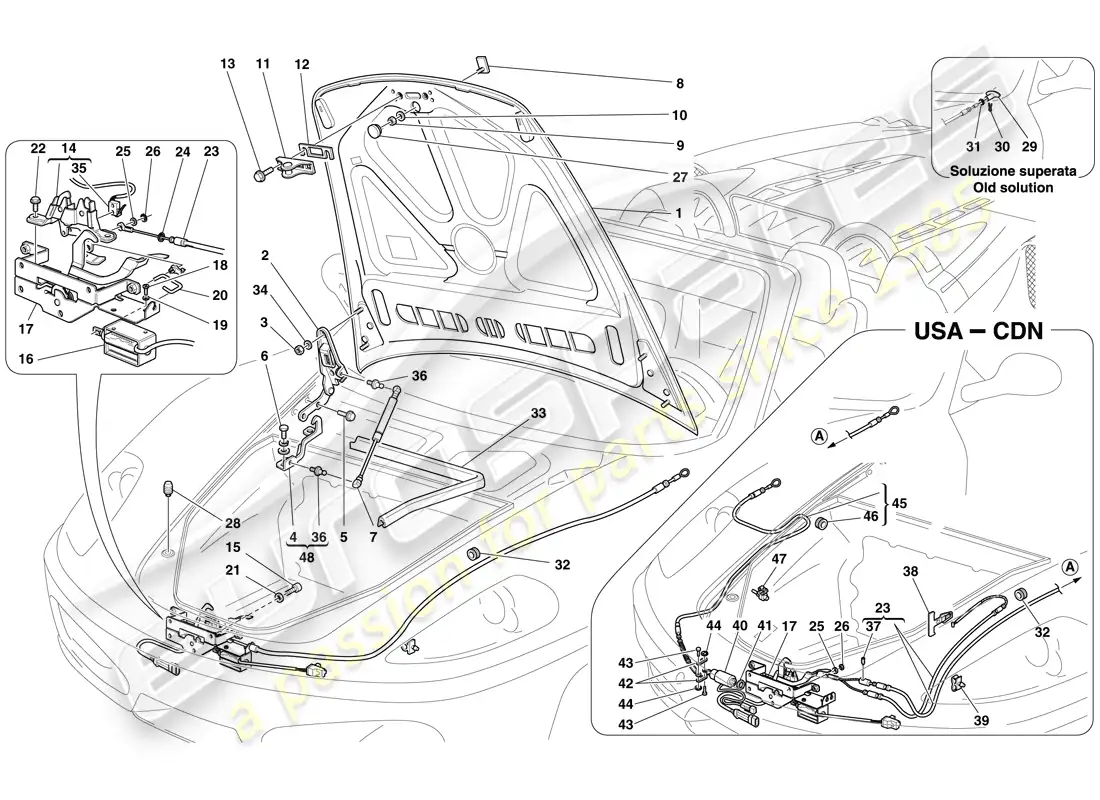 ferrari f430 spider (europe) tapa frontal y mecanismo de apertura diagrama de piezas