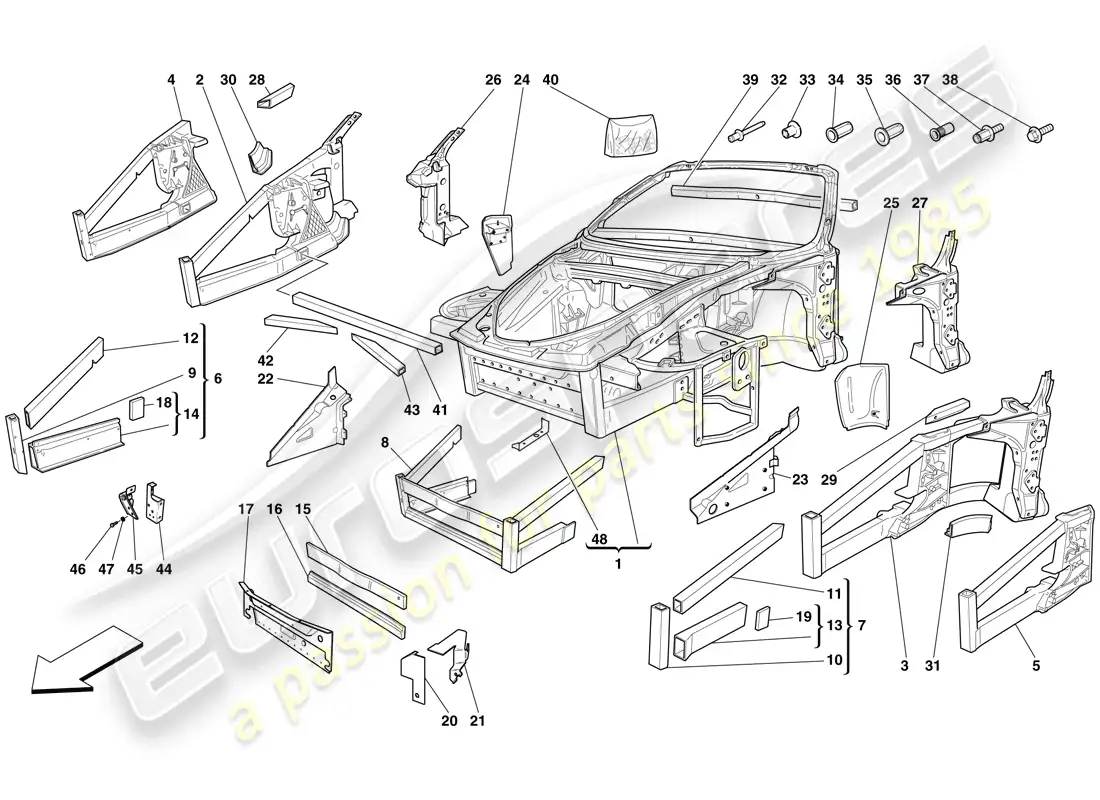 ferrari f430 spider (rhd) chasis - estructura, elementos frontales y paneles diagrama de piezas