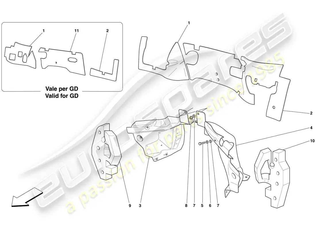 ferrari 599 sa aperta (usa) aislamiento del cortafuegos del compartimiento del motor diagrama de piezas
